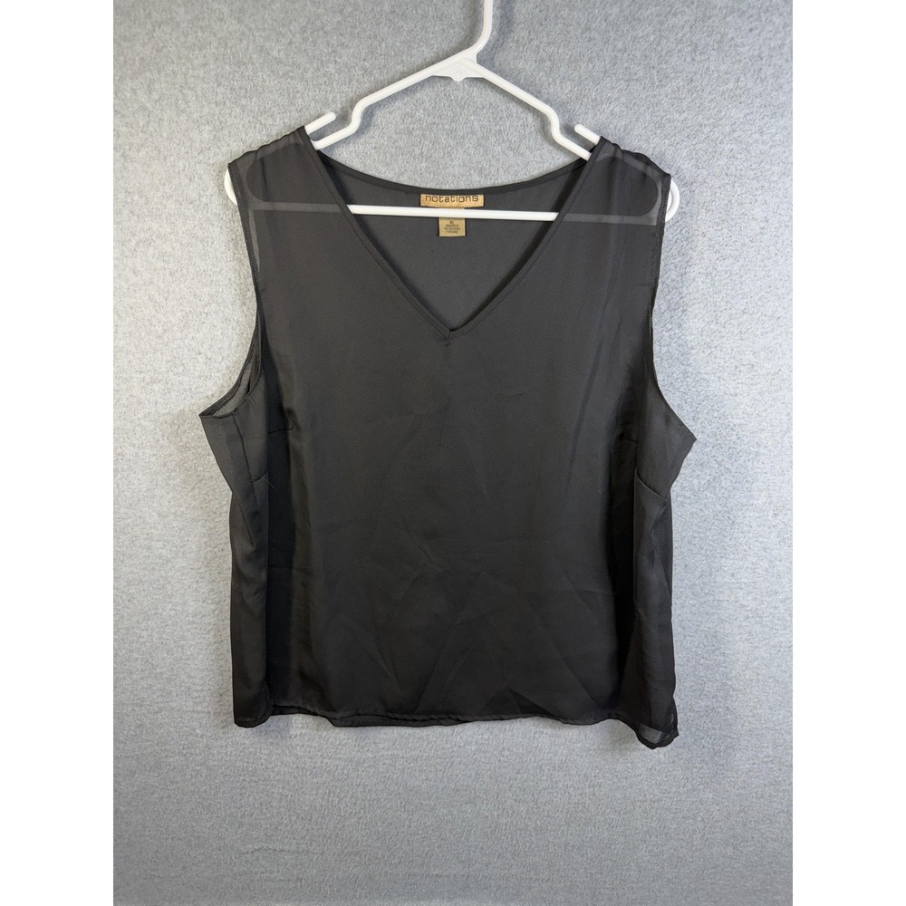 Notations Tank Top Womens XL Black Sheer V Neck Sleeveless Basic Layering